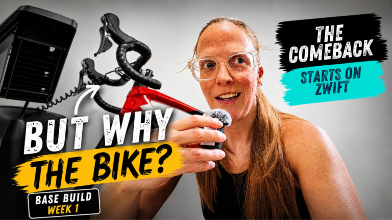 Week 1 Thumbnail showing Samantha sitting in front of a bike with the caption Base Build Week 1: But Why the Bike?