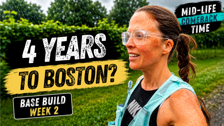 Week 2 thumbnail showing Samantha running in the rain with the caption Base Build Week 2: 4 years to Boston?